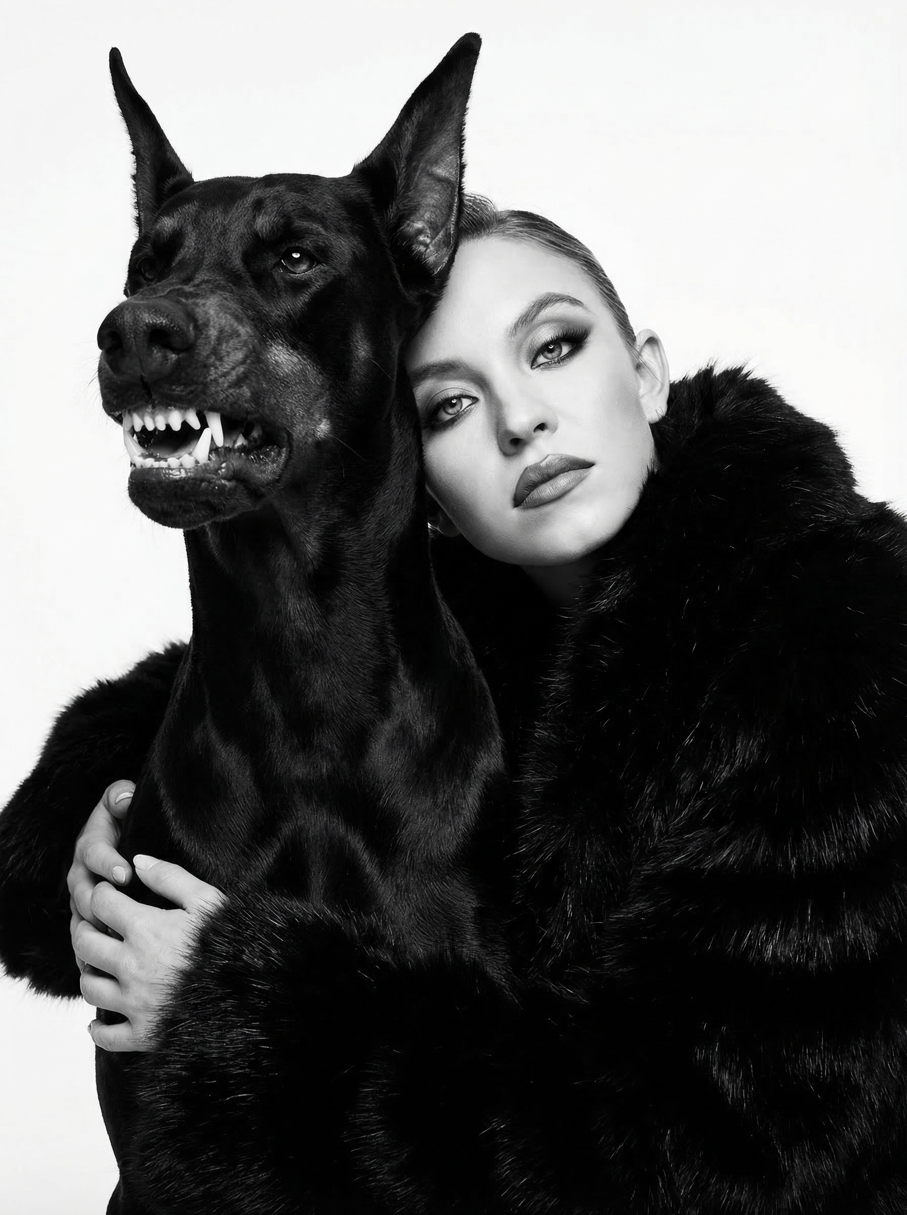 Faux Fur Coat Doberman Snarl Studio B W