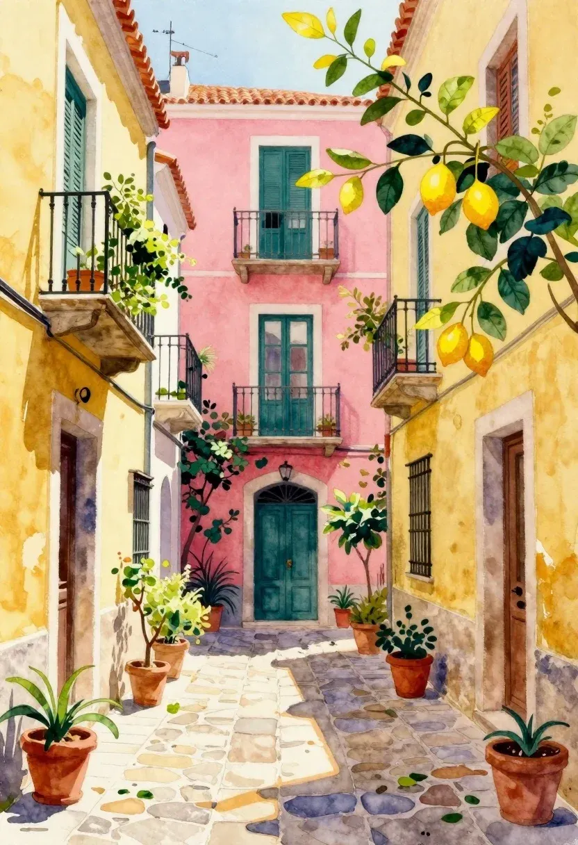 Watercolor Painting Sunlit Mediterranean Alleyway Lined With Colorful Buildings And