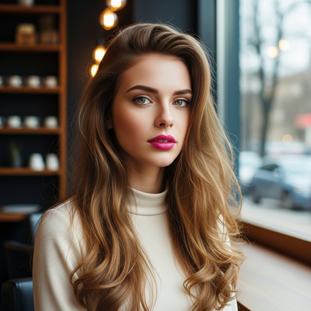 A woman with long, light-brown hair and fuchsia lipstick poses in a modern cafe, illuminated by soft window light.