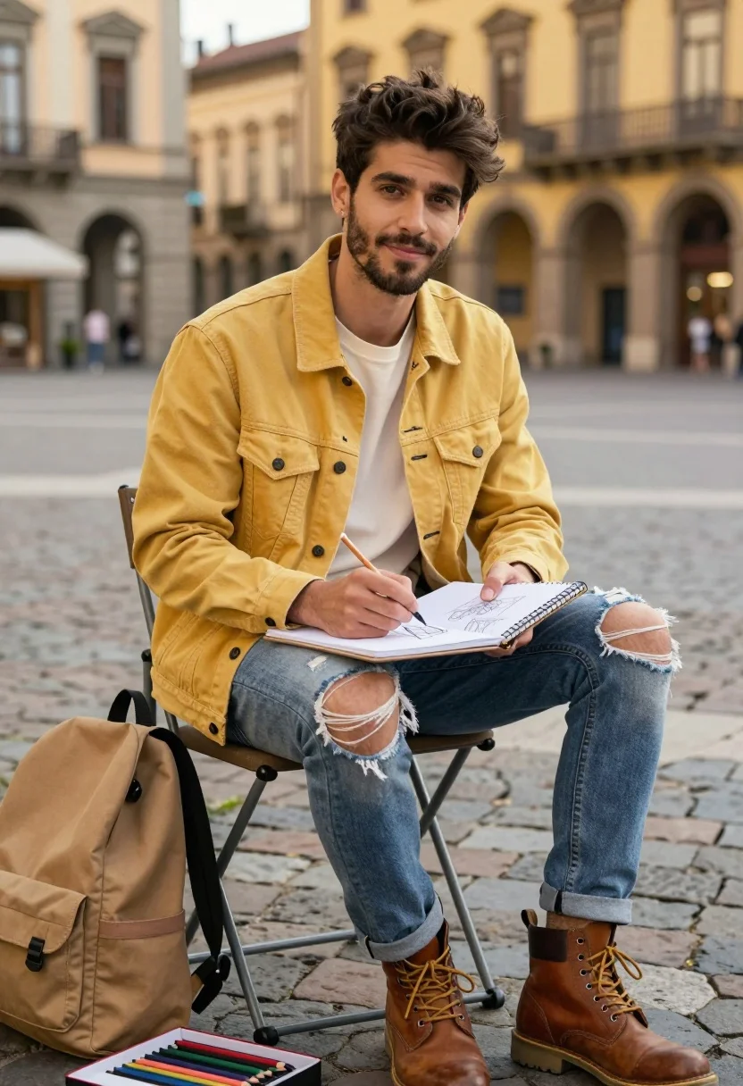Young Man With Dark Hair And Light Beard Sits Folding