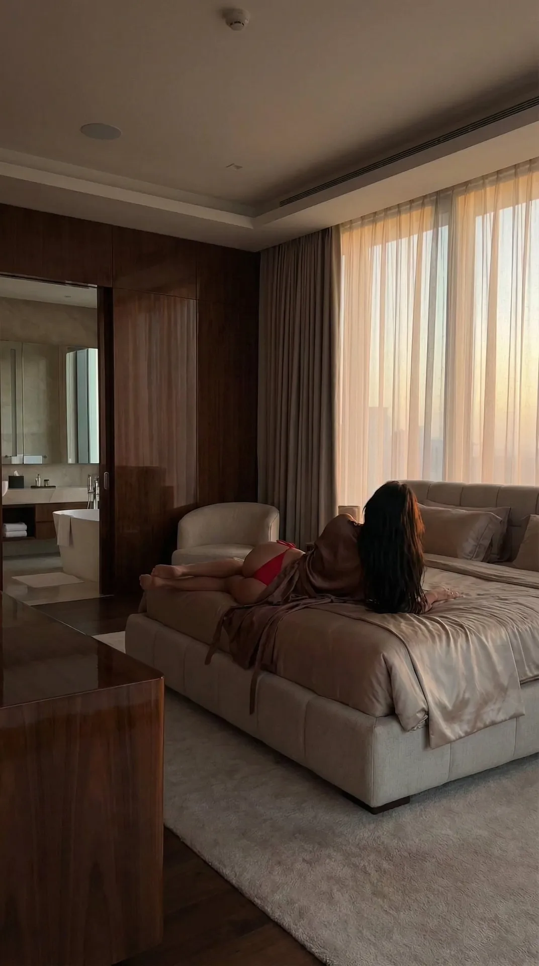 Luxury Hotel Red Bikini Silk Robe Bed Scene