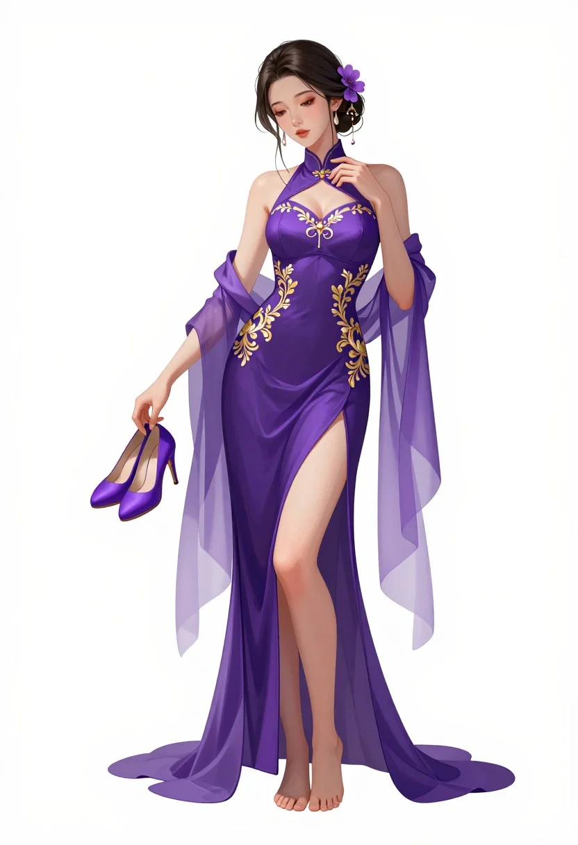 Full-body Shot Graceful Woman With Dark Hair Styled Updo Adorned