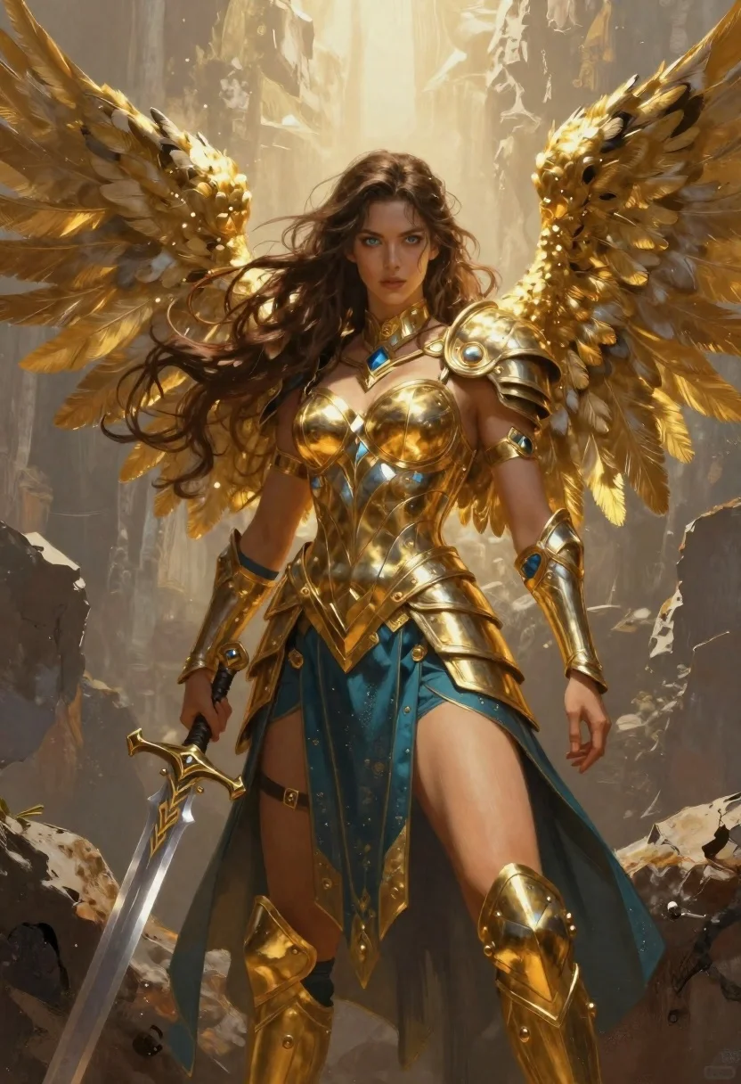 Digital Painting Majestic Female Warrior Angel With Long Wavy Brown reference photo