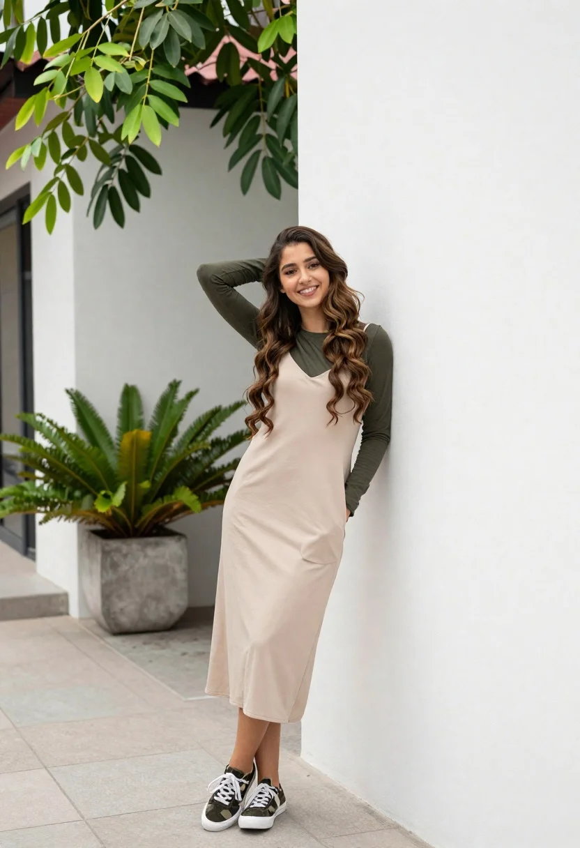 Young Woman With Long Wavy Brown Hair Stands Smiling Against reference photo
