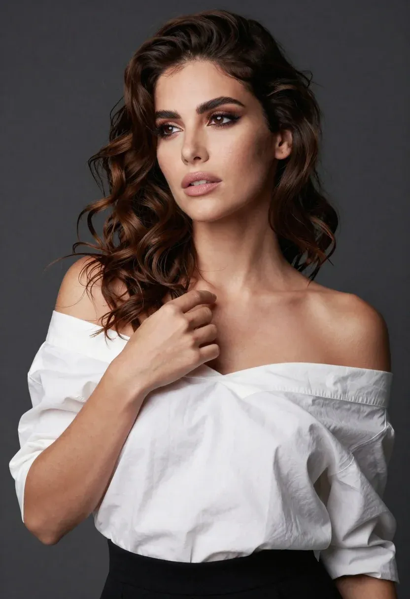Confident Woman With Wavy Brown Hair And Dramatic Eye Makeup