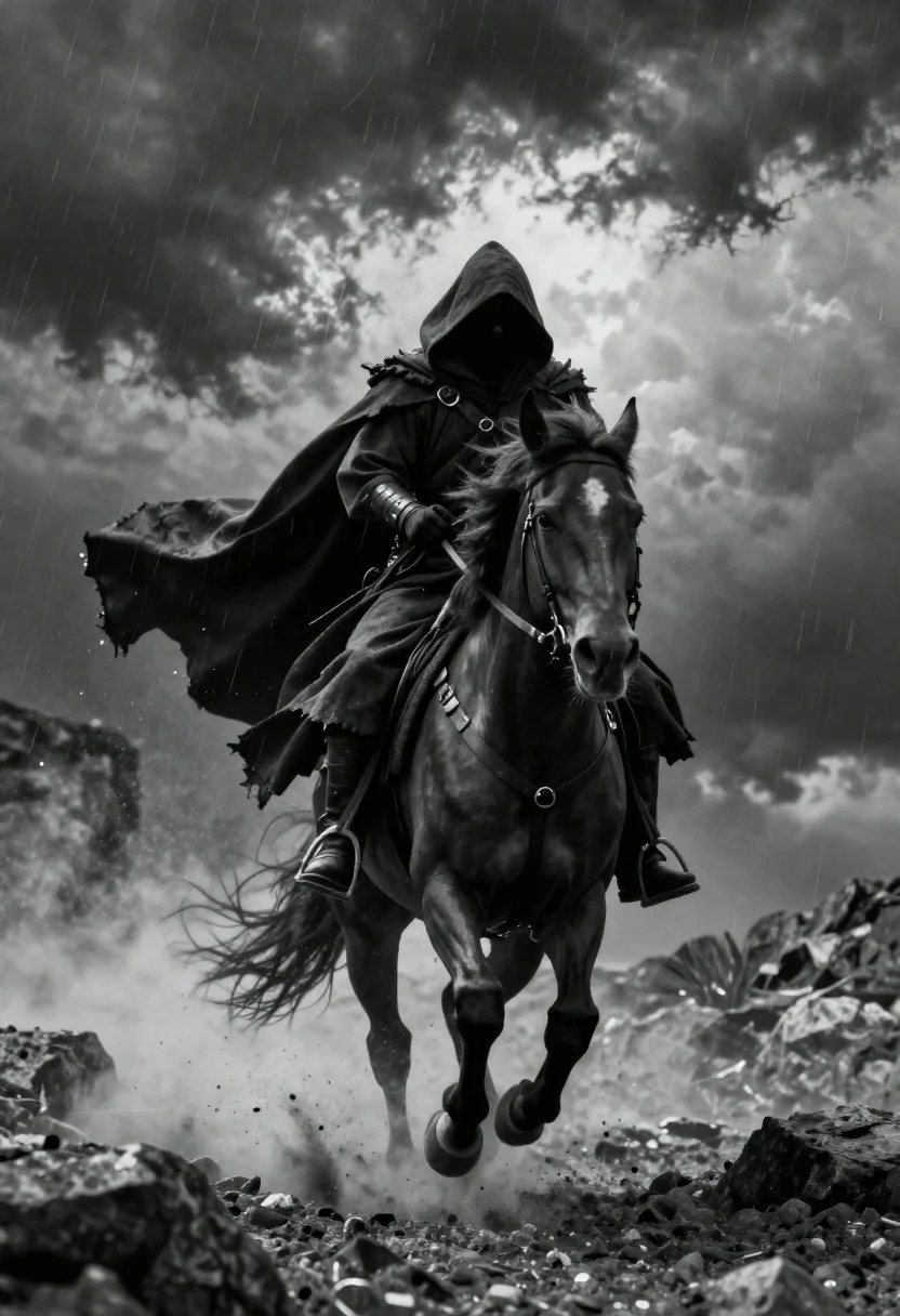 Medium And Scene High-dynamic Black-and-white Cinematic Still Hooded Figure Riding reference photo