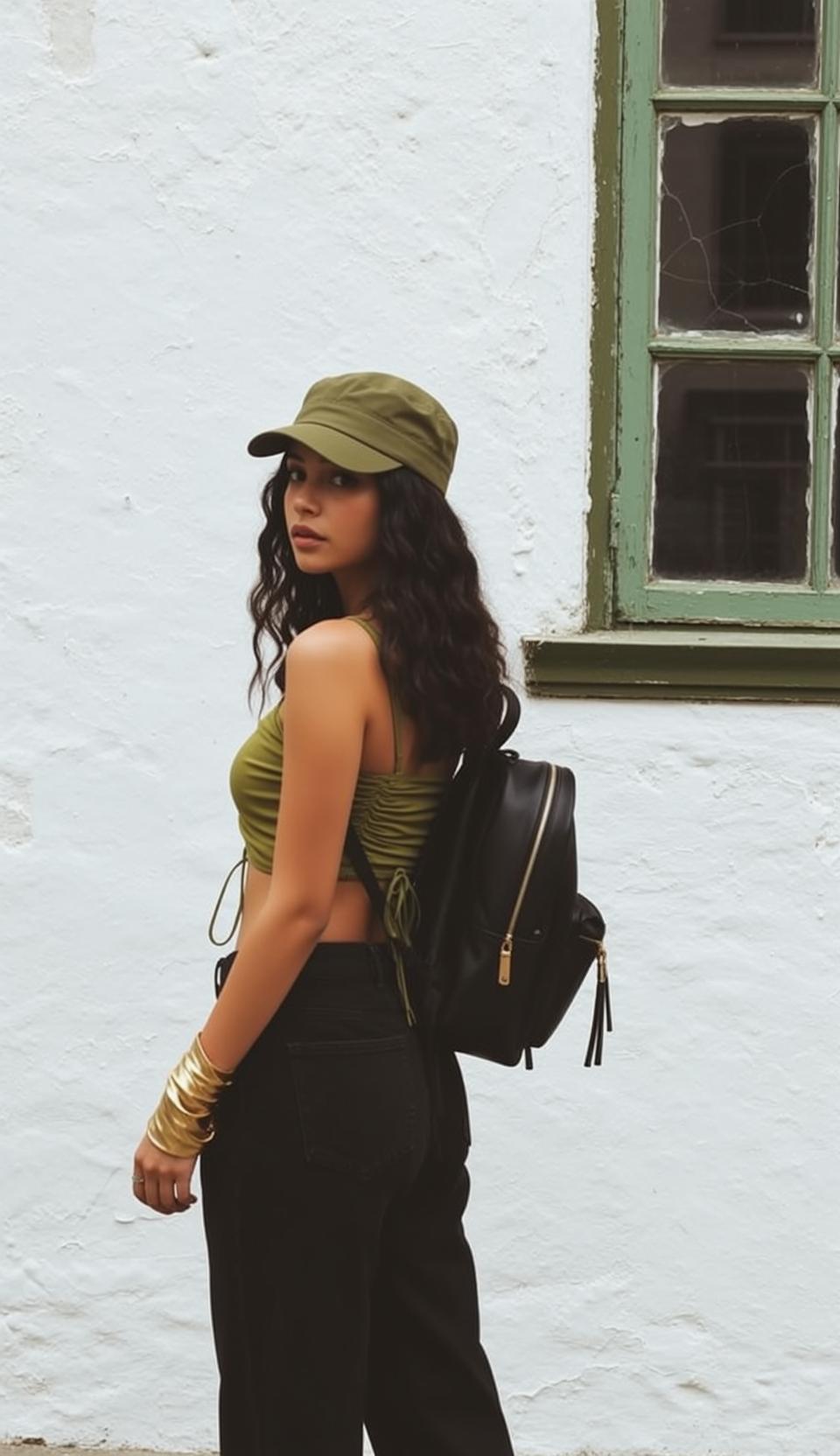 Black Crop Top Wavy Hair Standing