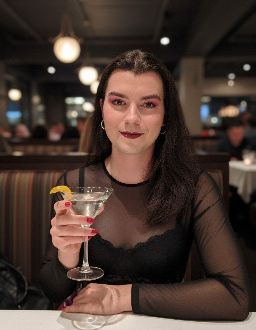 Elegant woman seated at a restaurant table with a martini glass, showcasing her hoop earrings and black sheer outfit.