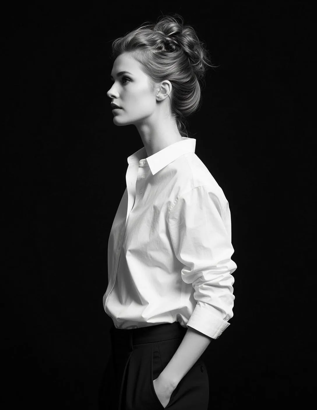 Photorealistic Black And White Portrait Young Woman Profile Facing Left