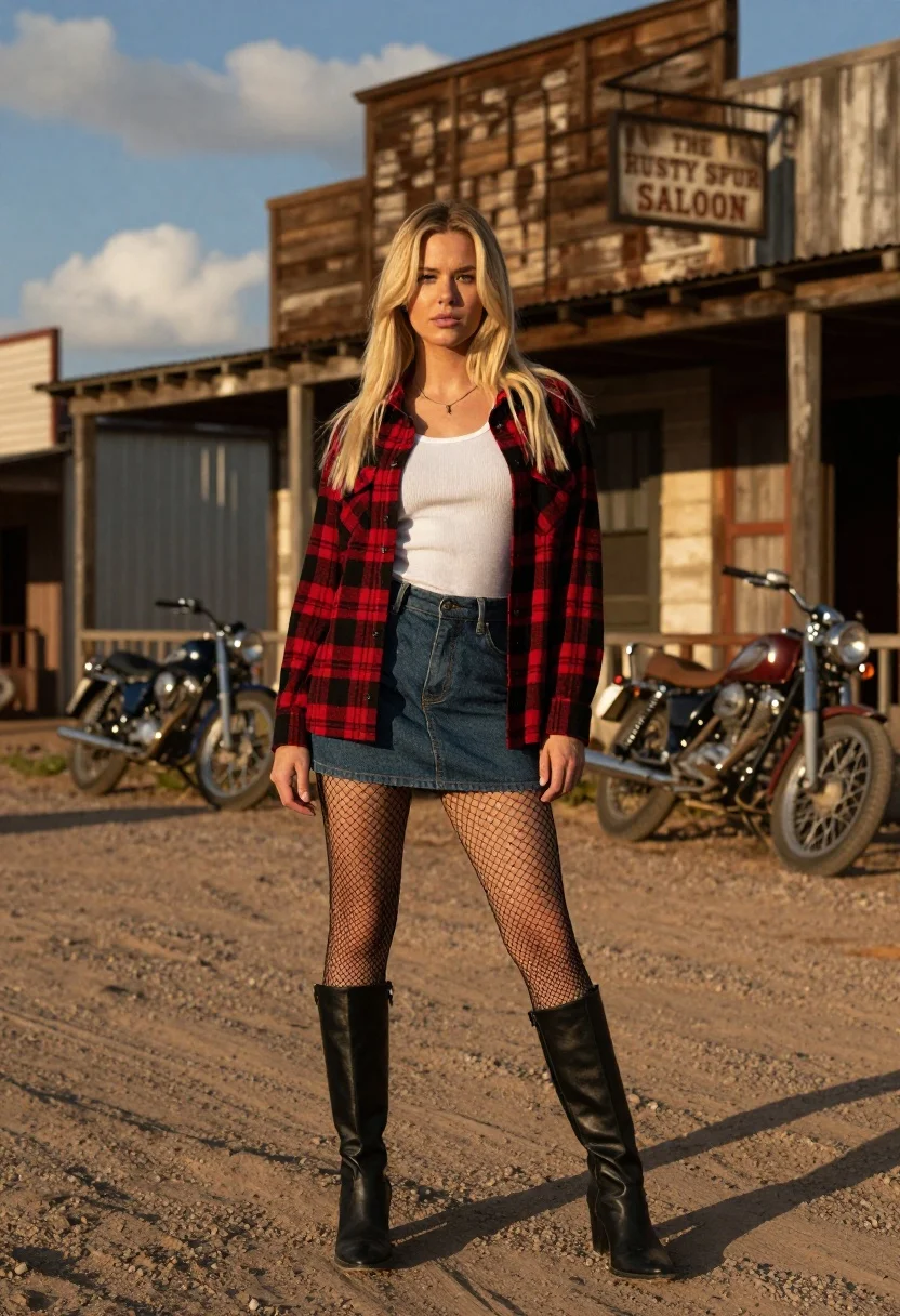 Young Woman With Long Blonde Hair Stands Confidently The Foreground