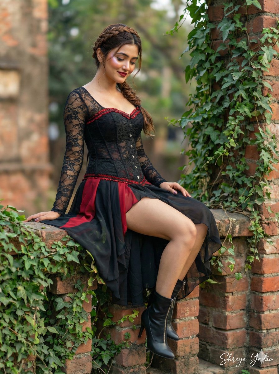A young woman with brown hair in a crown braid, sitting elegantly on a weathered brick wall, wearing a black lace corset and asymmetrical red skirt.