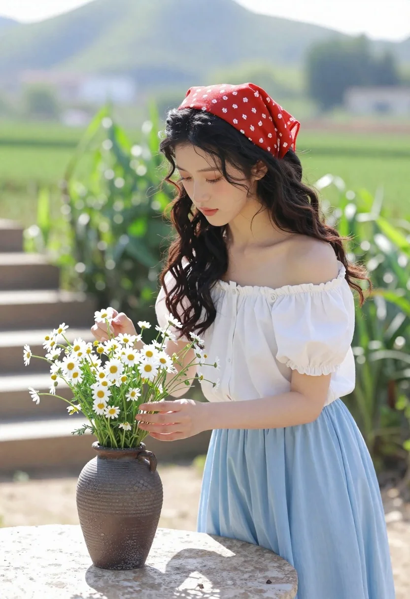 Serene Woman With Dark Wavy Hair And Red Headscarf Gently
