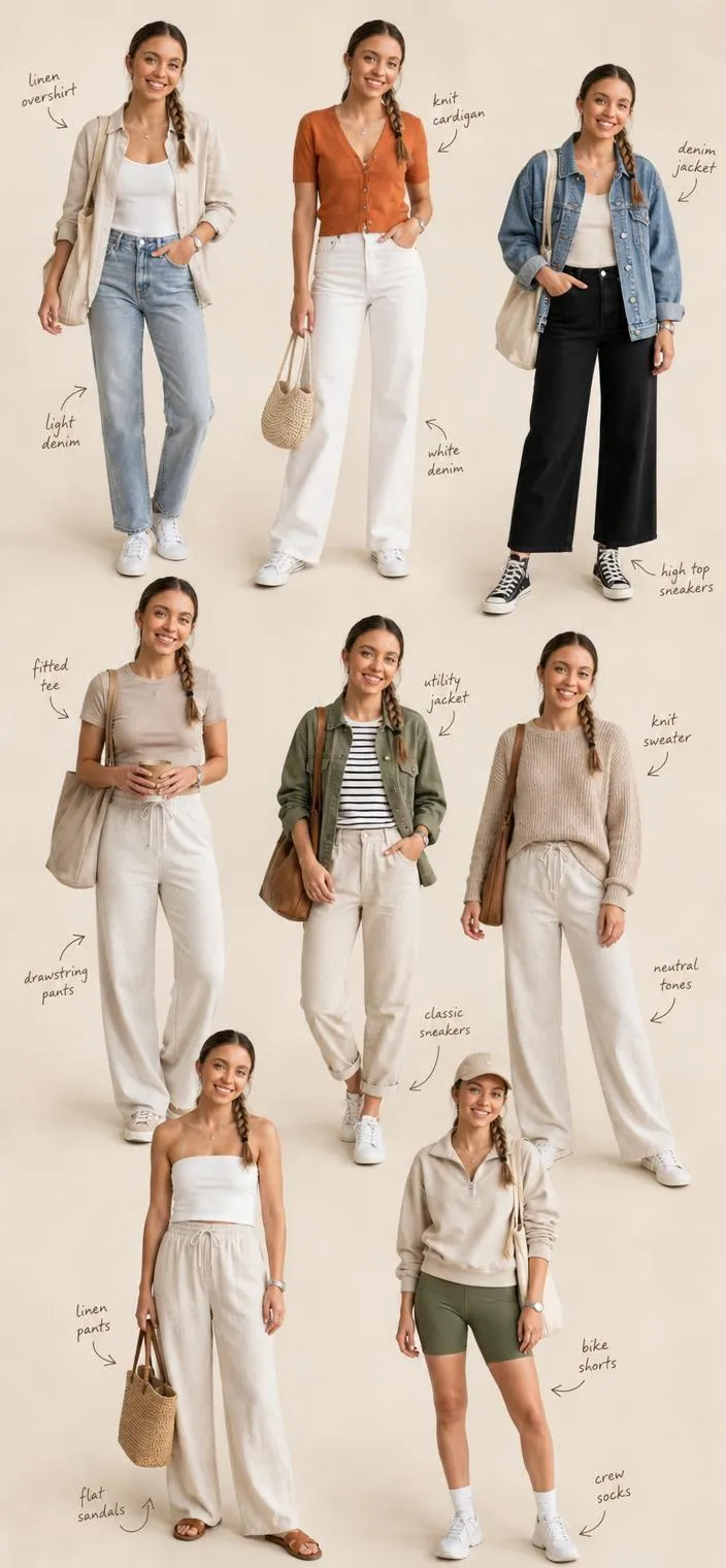 Nine Women Studio Outfits Beige Background Three Rows