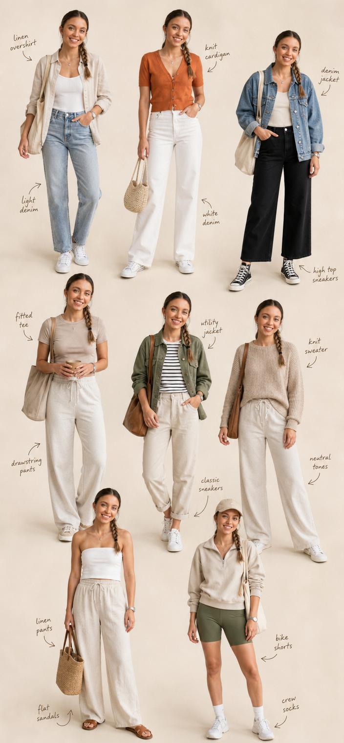 Nine Women Studio Outfits Beige Background Three Rows
