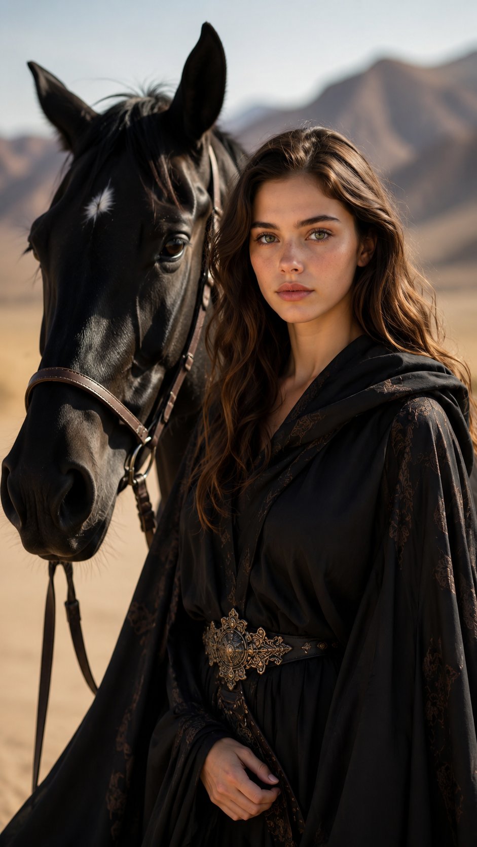 Black Cloak With Horse In Desert