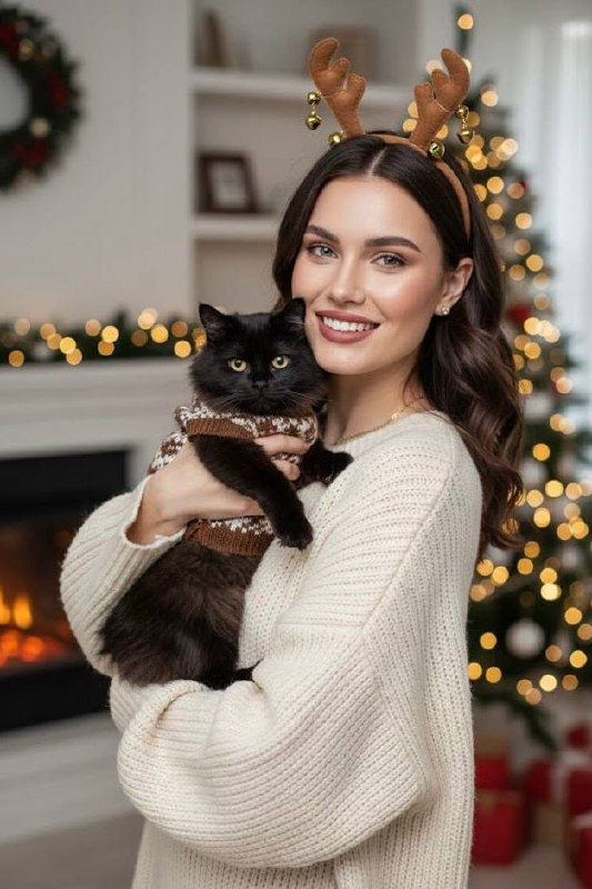 A smiling woman in a cozy living room holding a cat in a Christmas sweater, surrounded by holiday decorations.