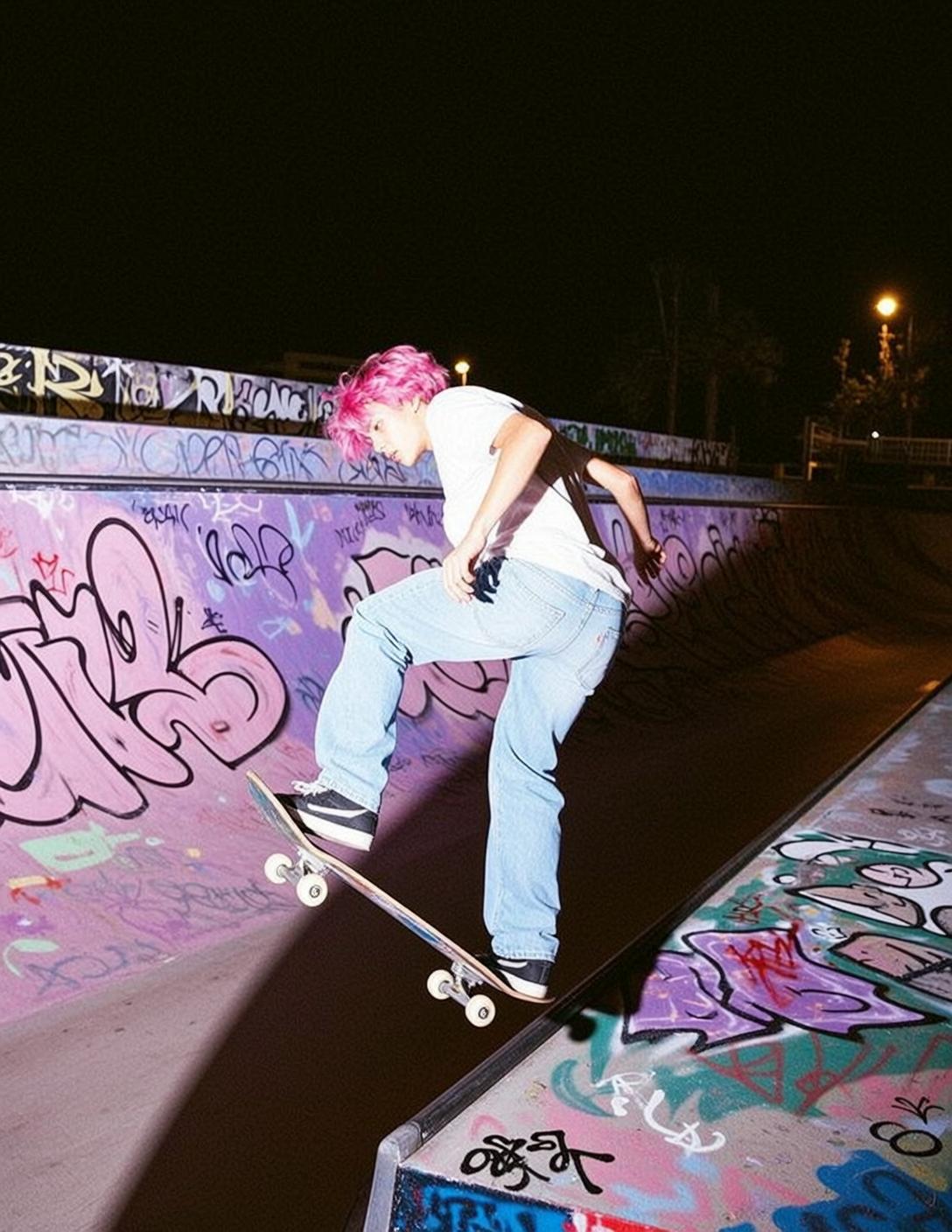 Pink Haired Skateboarder Night Jump Graffiti Park