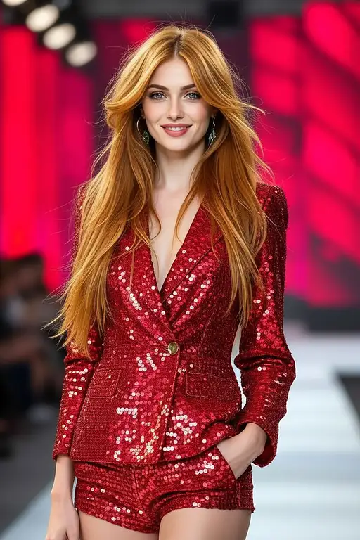 Redhead Model In Sequined Runway Outfit