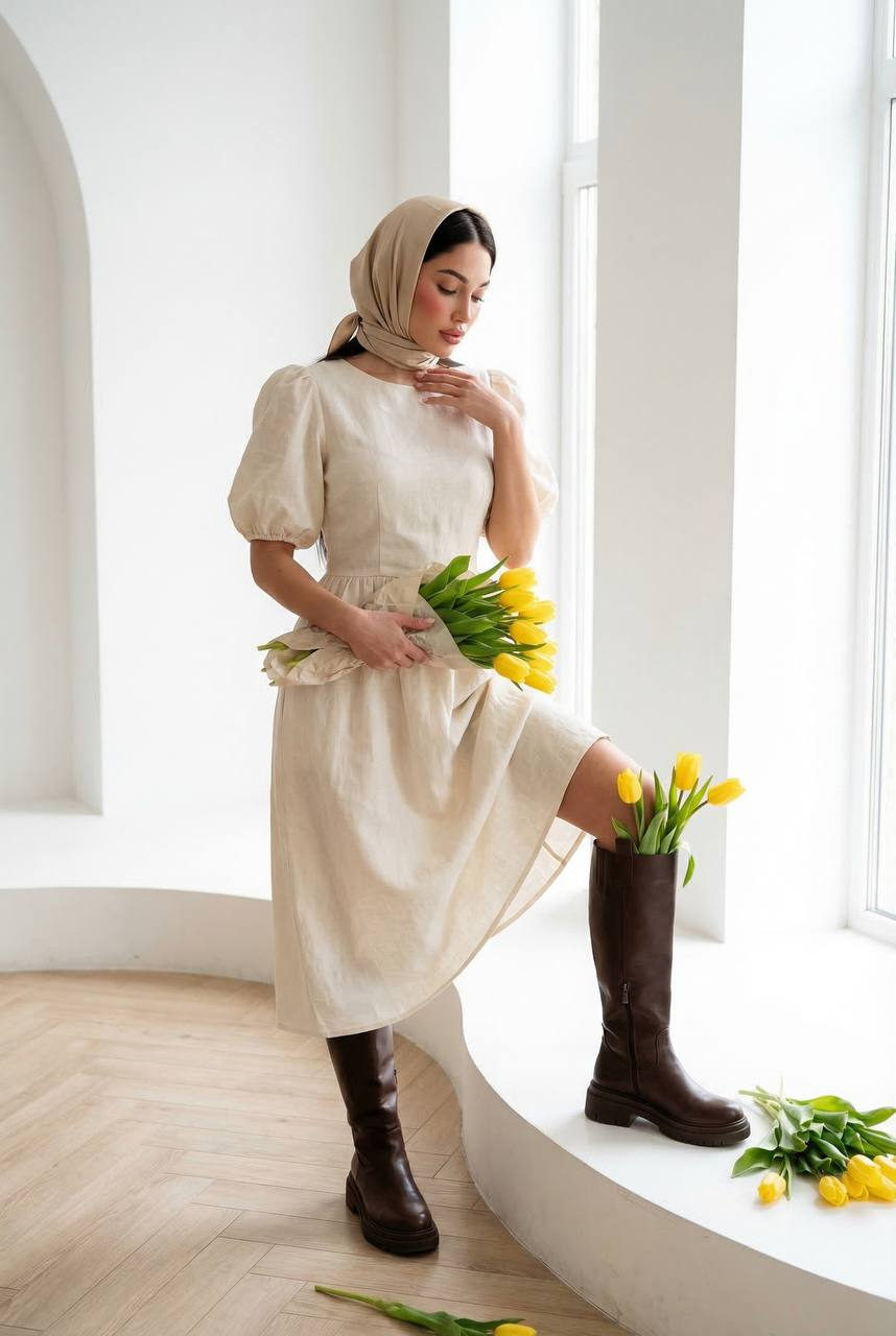 A woman in a cream linen dress holding yellow tulips in a bright white interior.