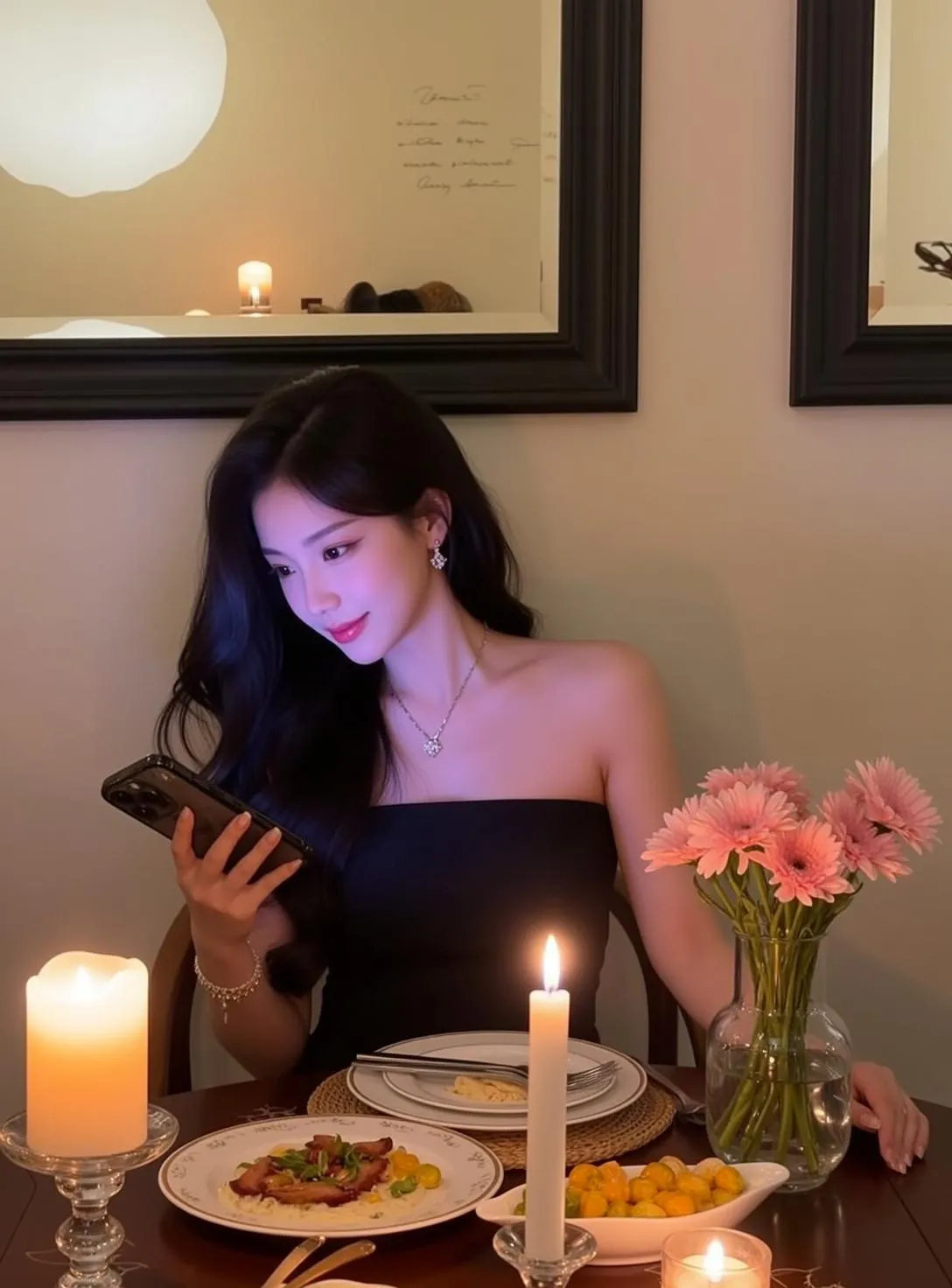 Explore Seated Table Holding Smartphone Her Left