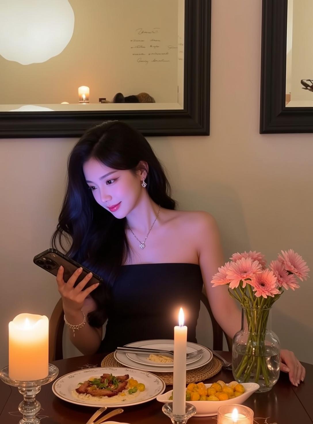 Explore Seated Table Holding Smartphone Her Left