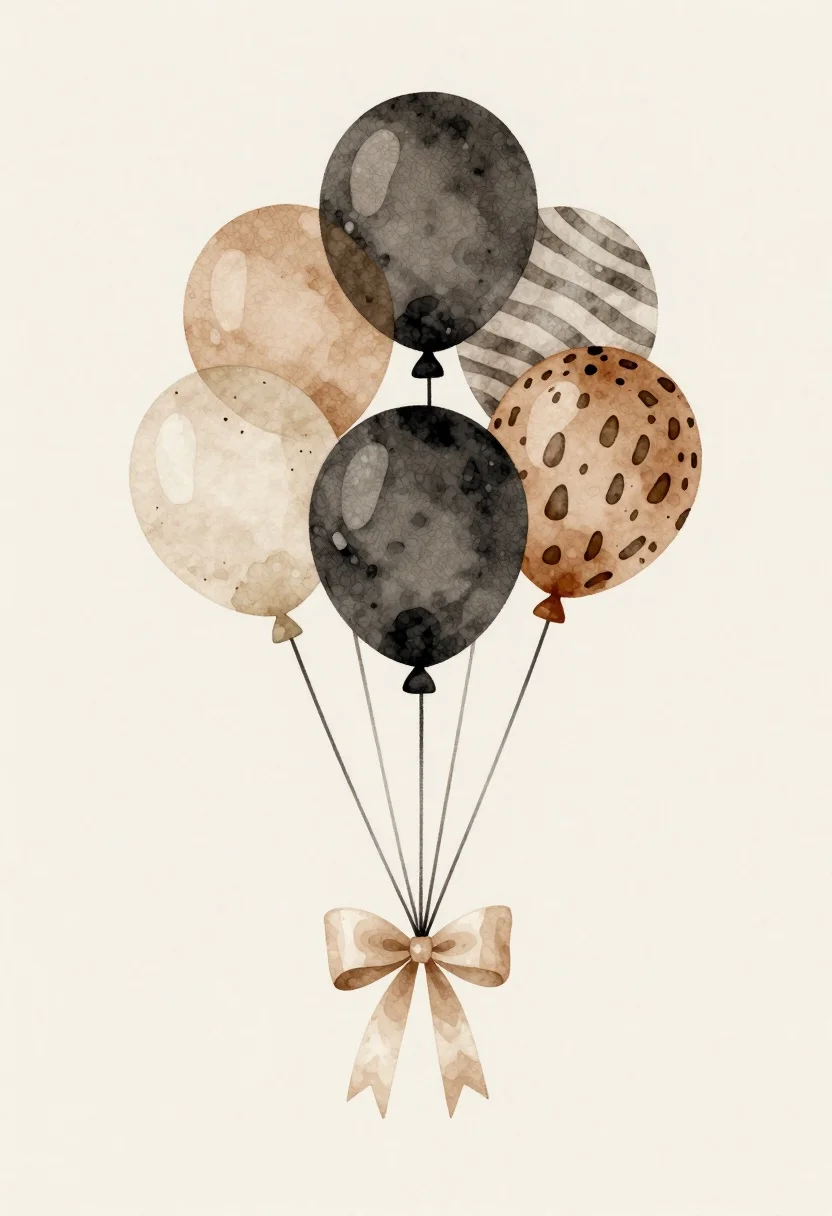 Minimalist Watercolor Illustration Cluster Balloons Tied Together With Strings And reference photo