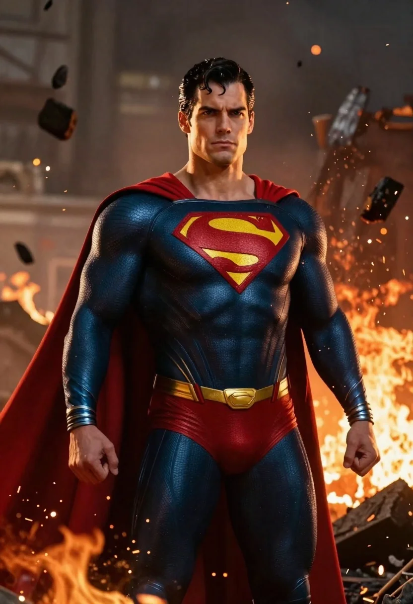 Photorealistic Digital Portrait Superman Standing Dramatic Fiery Battlefield Setting Subject reference photo