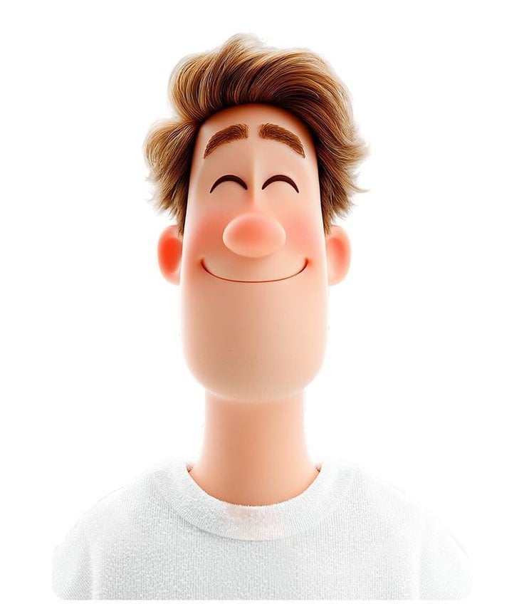 A photorealistic 3D avatar of a man smiling, set against a clean white background.