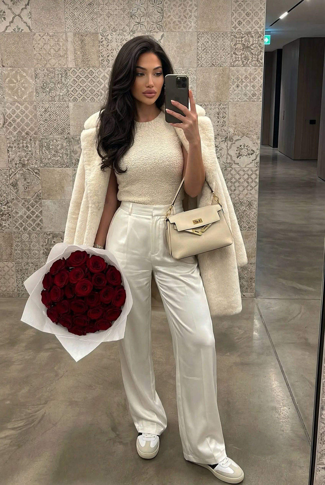 A hyper-realistic mirror selfie of a woman with long hair, posing indoors against a beige patterned wall, holding a bouquet of deep red roses.
