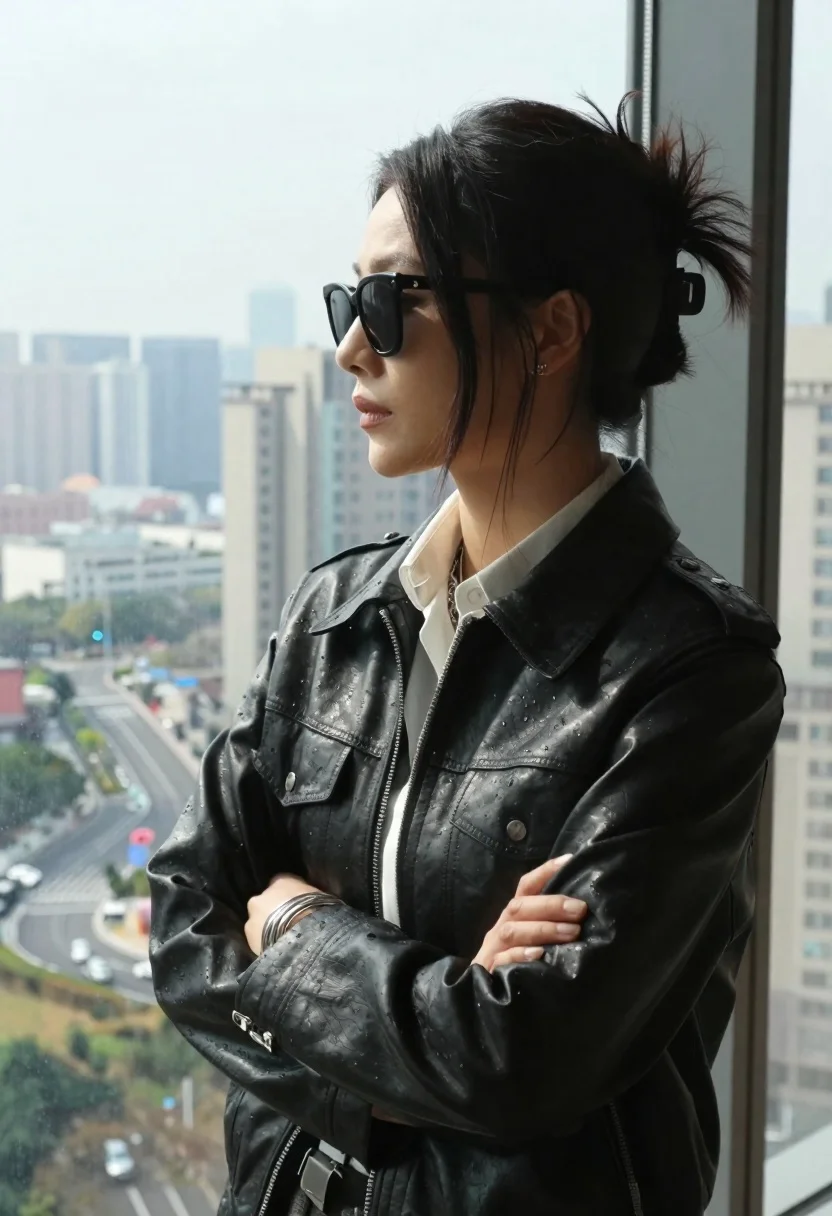 Stylish Woman Stands Profile Looking Out Window Cityscape Subject Woman reference photo