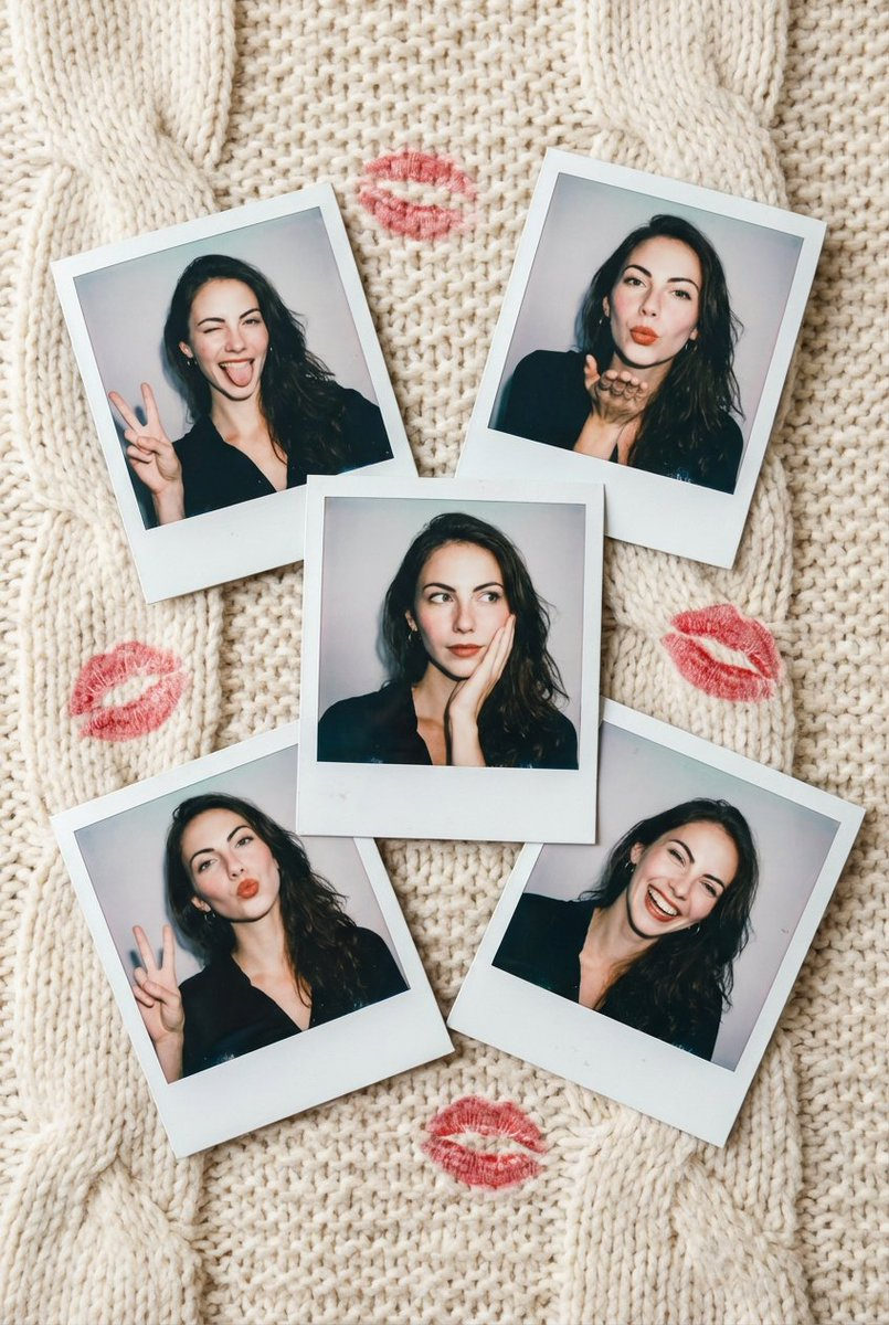 Top-down view of five vintage Polaroid photos featuring a young woman with wavy brown hair on a cream knit blanket.