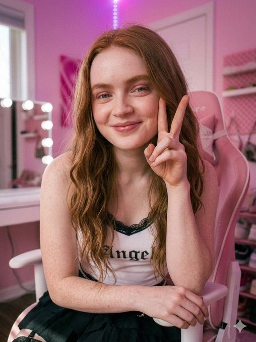 A woman with wavy brown hair wearing a white crop top and ruffle skirt, playfully resting her hands on her head in a vibrant pink bedroom.