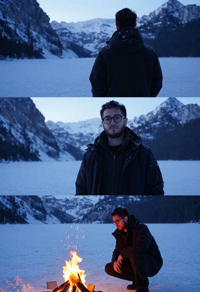Triptych Composition Featuring Man Snowy Mountain Landscape Twilight Subject Young