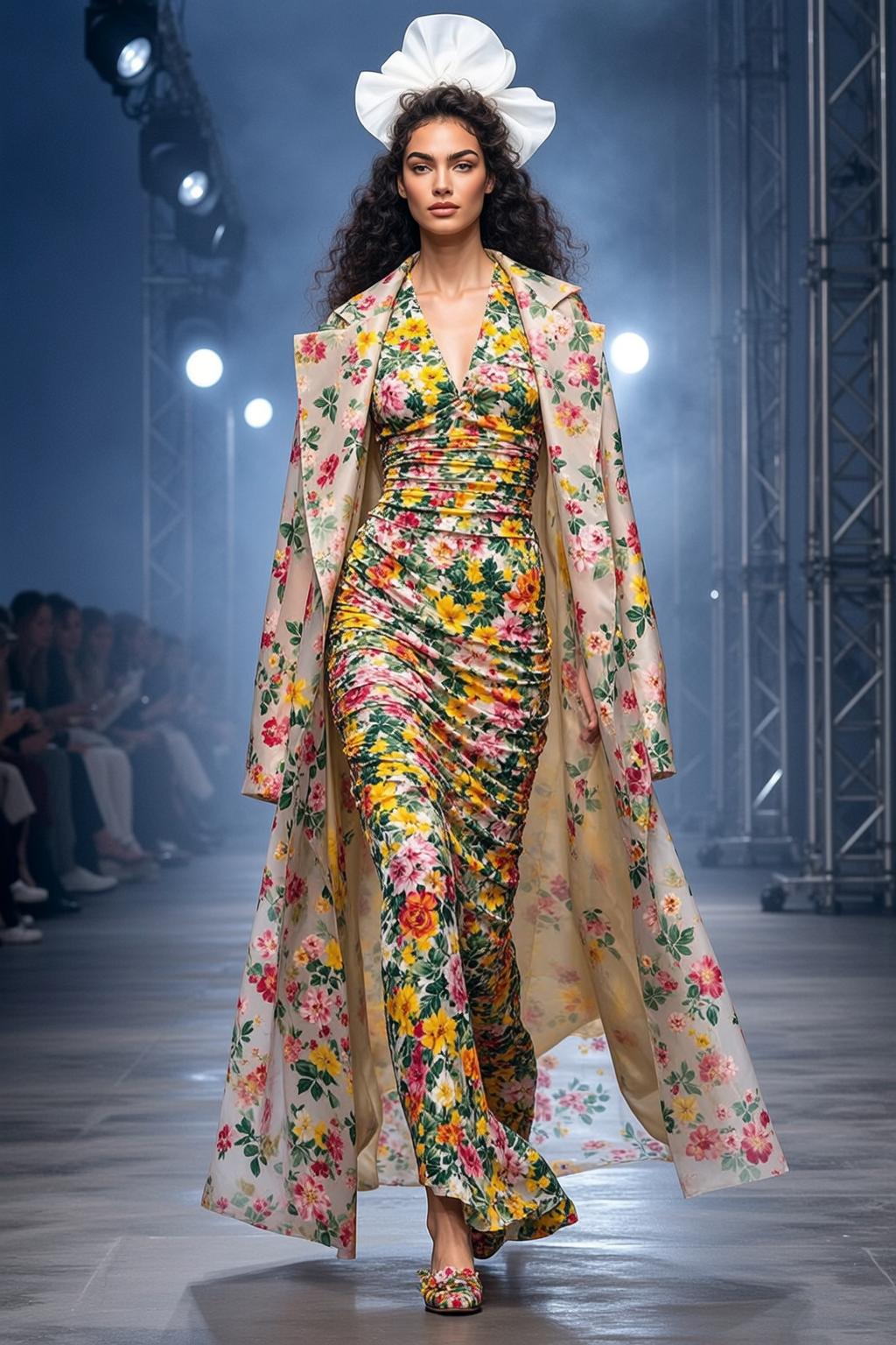 Floral Dress Runway Model Walking Forward Spotlight