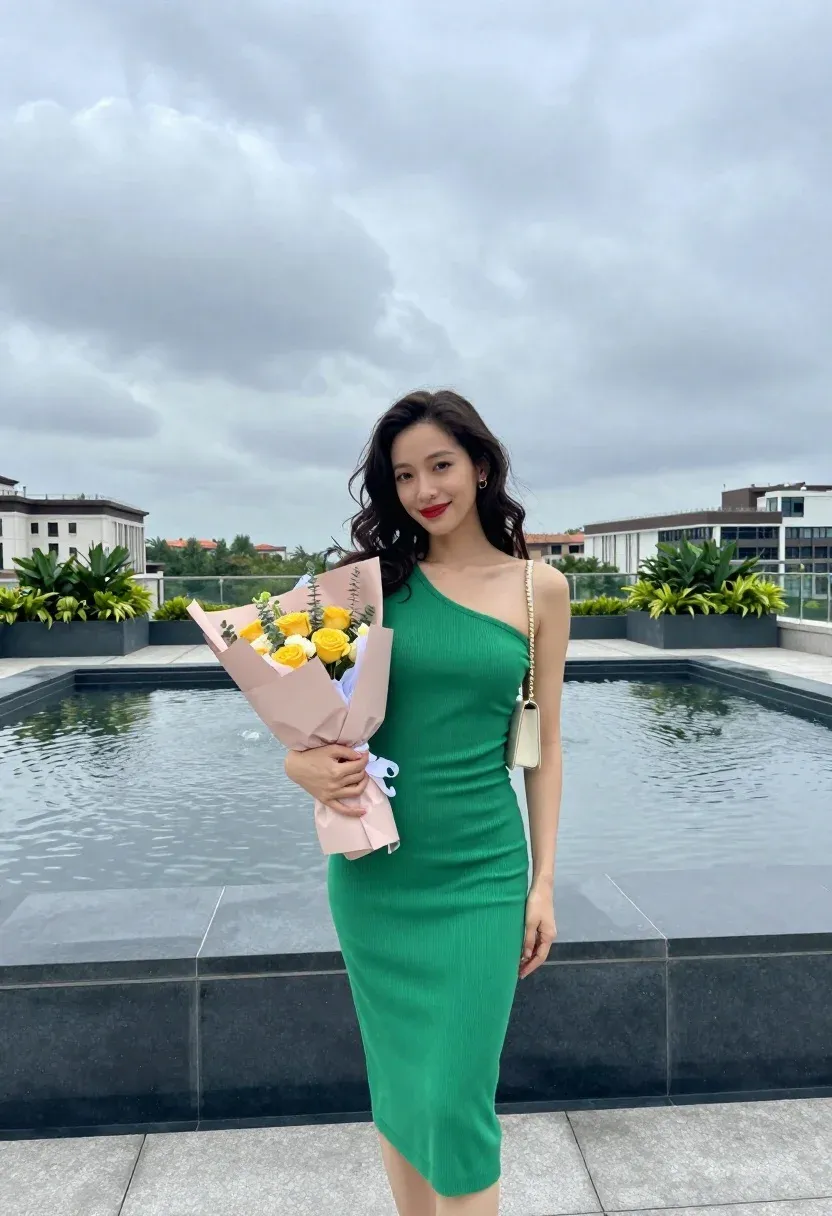 Woman Stands Rooftop Terrace Holding Bouquet Flowers With Large Water
