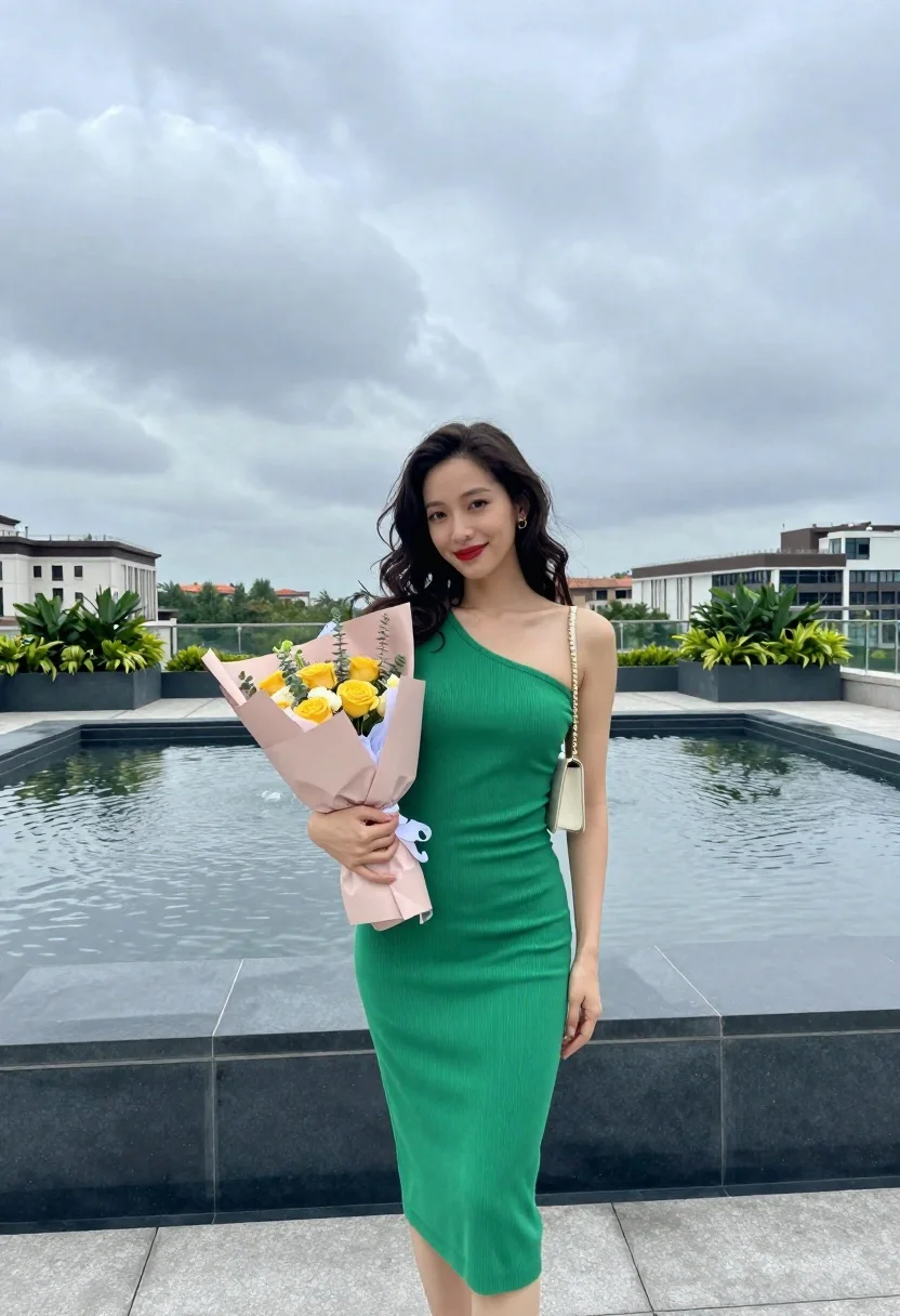Woman Stands Rooftop Terrace Holding Bouquet Flowers With Large Water reference photo