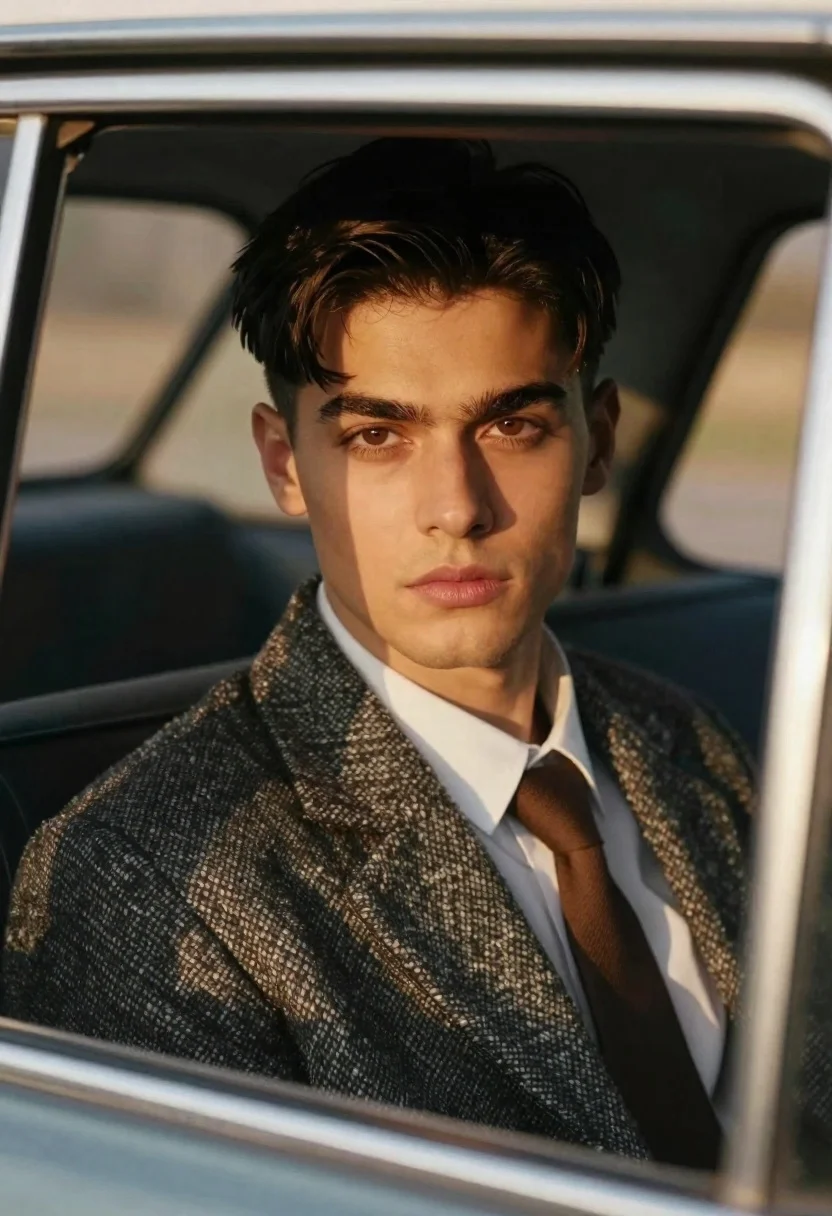 Portrait Handsome Young Man Sitting The Back Seat Old Car reference photo