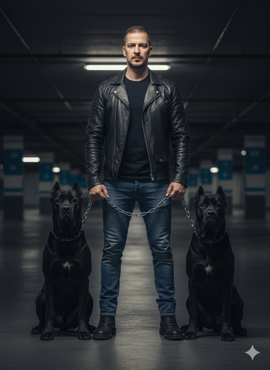 A man in a black leather jacket stands in a dramatic underground parking garage with two large Cane Corso dogs on leashes.