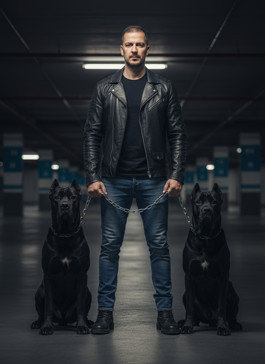 A man in a black leather jacket stands in a dramatic underground parking garage with two large Cane Corso dogs on leashes.