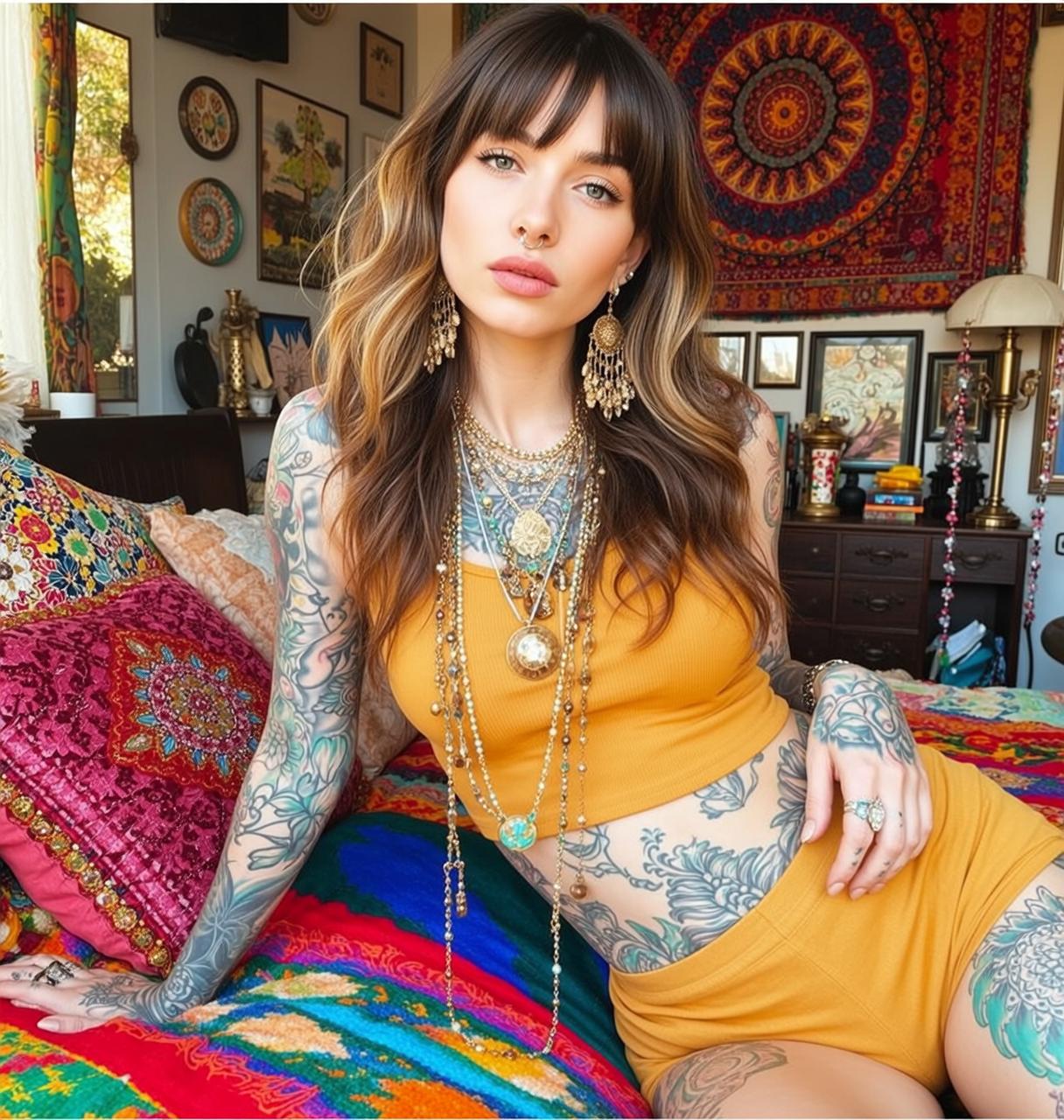 Yellow Outfit Gold Jewelry Floral Tattoos