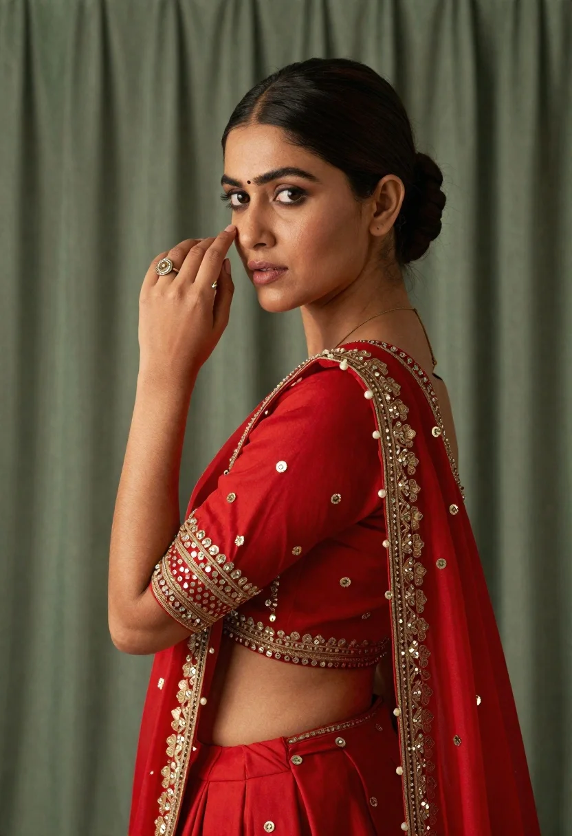 Woman Red Traditional Indian Outfit Poses Elegantly With Her Hand reference photo