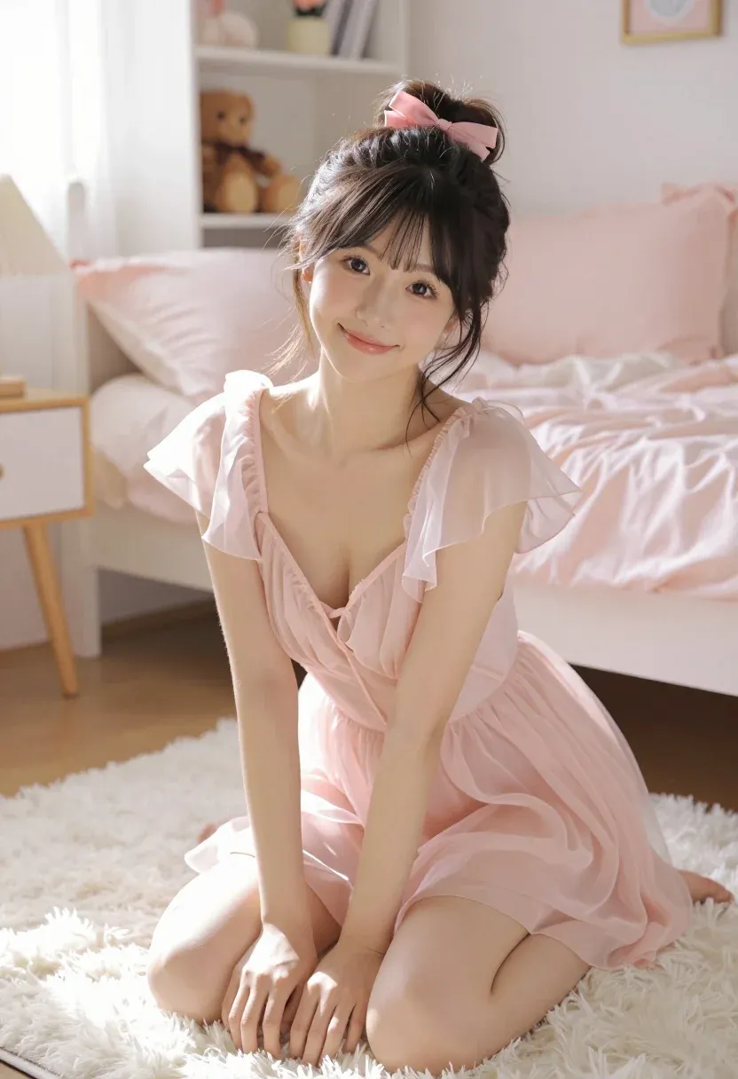 Young Woman With Gentle Smile Kneels Fluffy White Rug Cozy