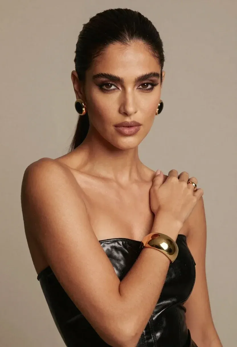 Confident Woman With Dark Hair Pulled Back Gazes Directly The