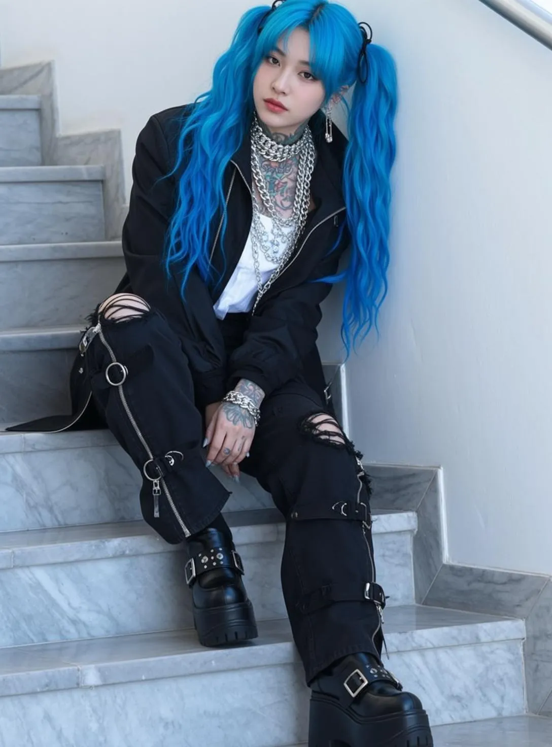 Tattoos Necklace And Bracelets In Black Jacket Portrait