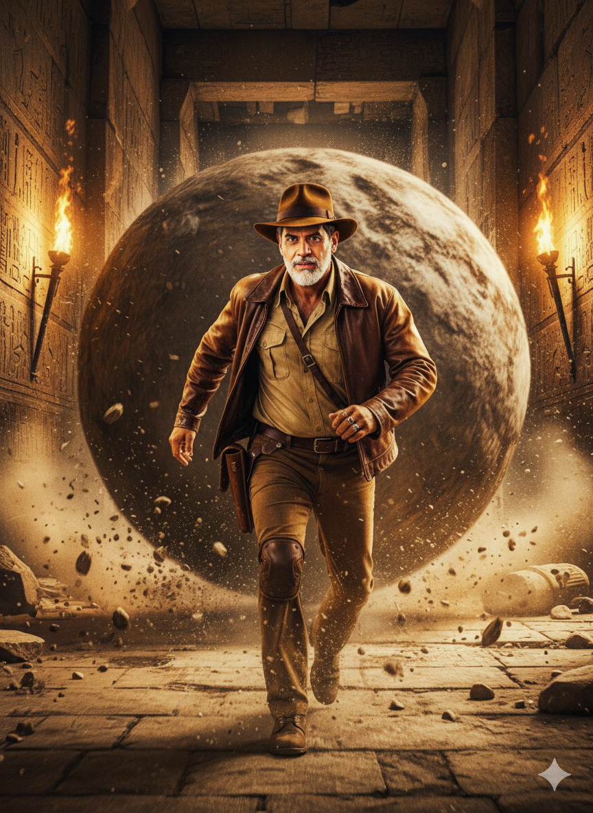 Indiana Jones running inside an ancient stone temple, chased by a giant rolling boulder. Detailed expression of fear and determination.