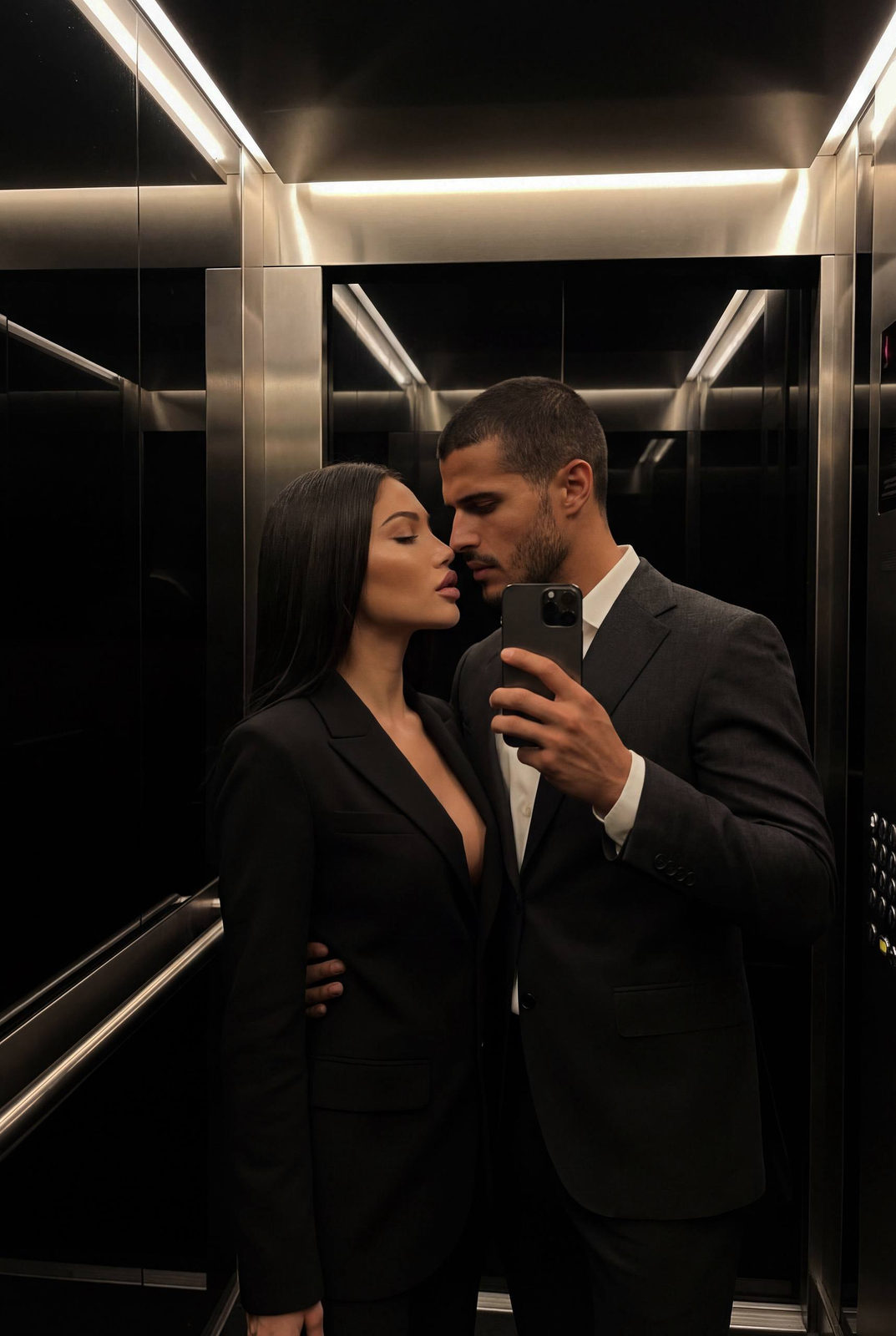 A luxurious mirror selfie of a couple inside a dark elevator, their close proximity creating a seductive atmosphere.
