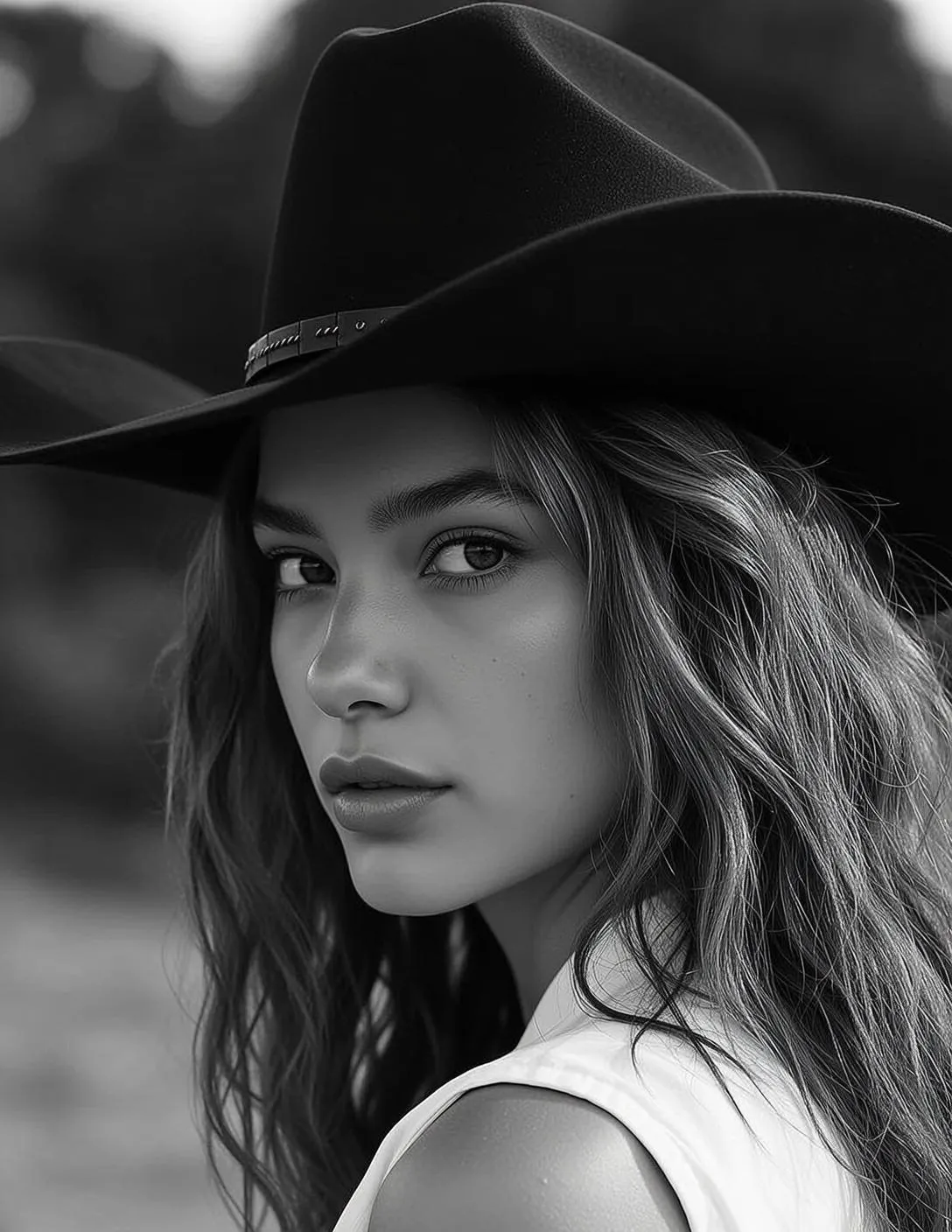 Black And White Medium Shot Portrait Young Woman Wearing Wide-brimmed