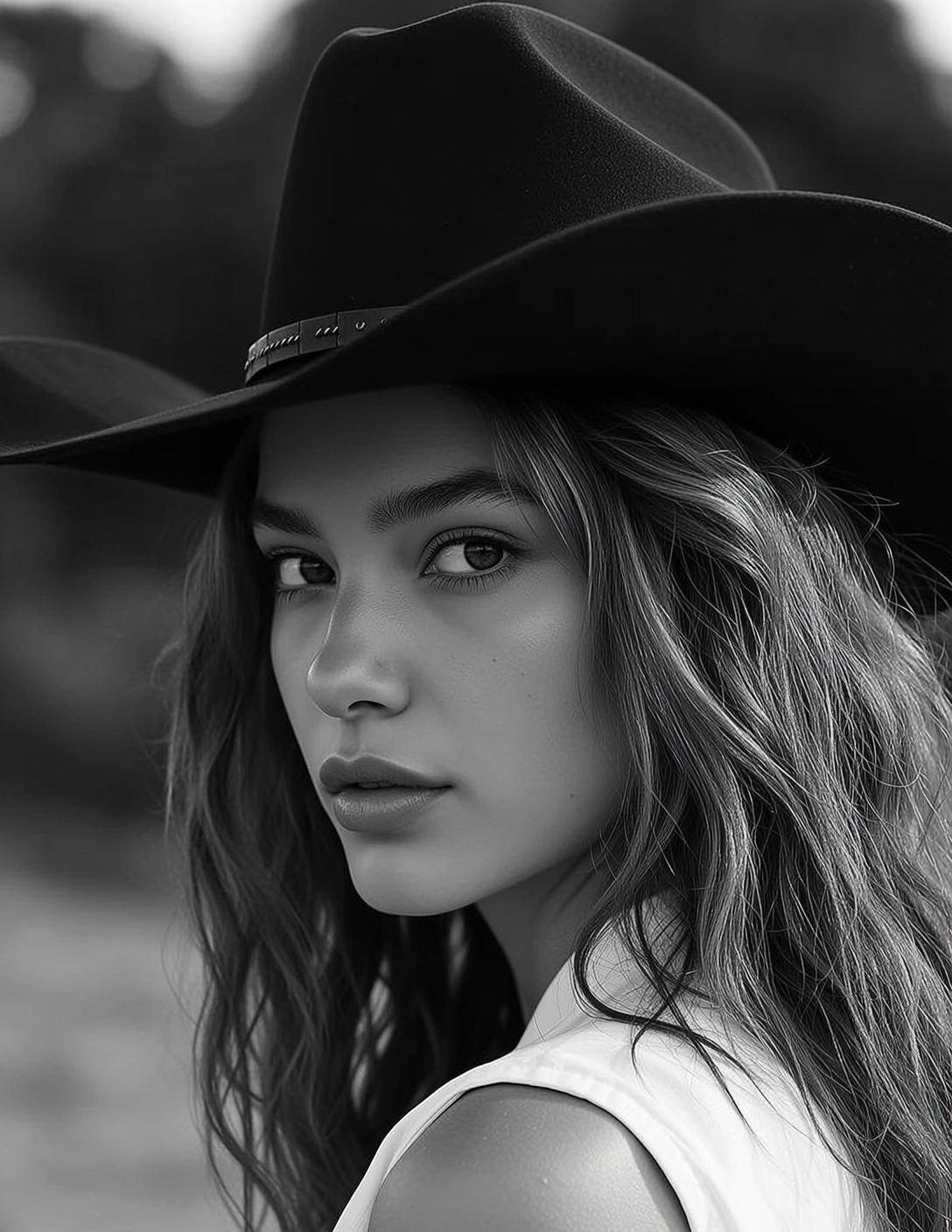 Black And White Medium Shot Portrait Young Woman Wearing Wide-brimmed