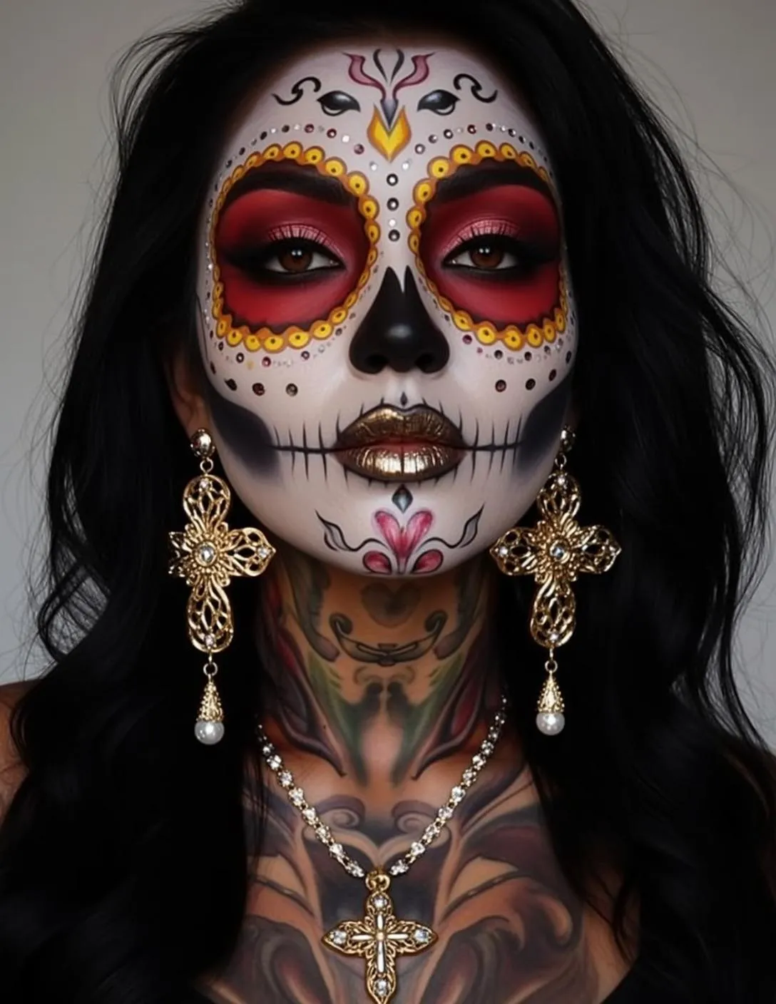 Tattoos Face Paint Earrings And Necklace In Studio Portrait