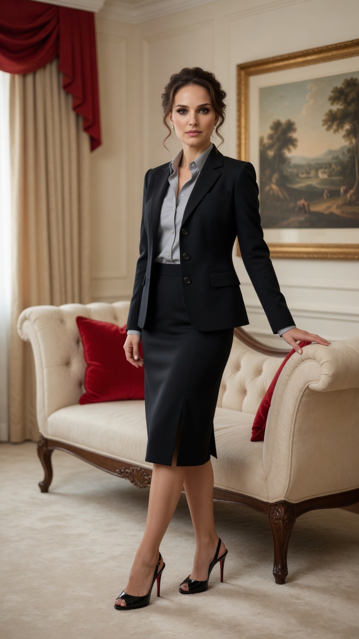Tailored Black Blazer Over Light Grey Button In Classic